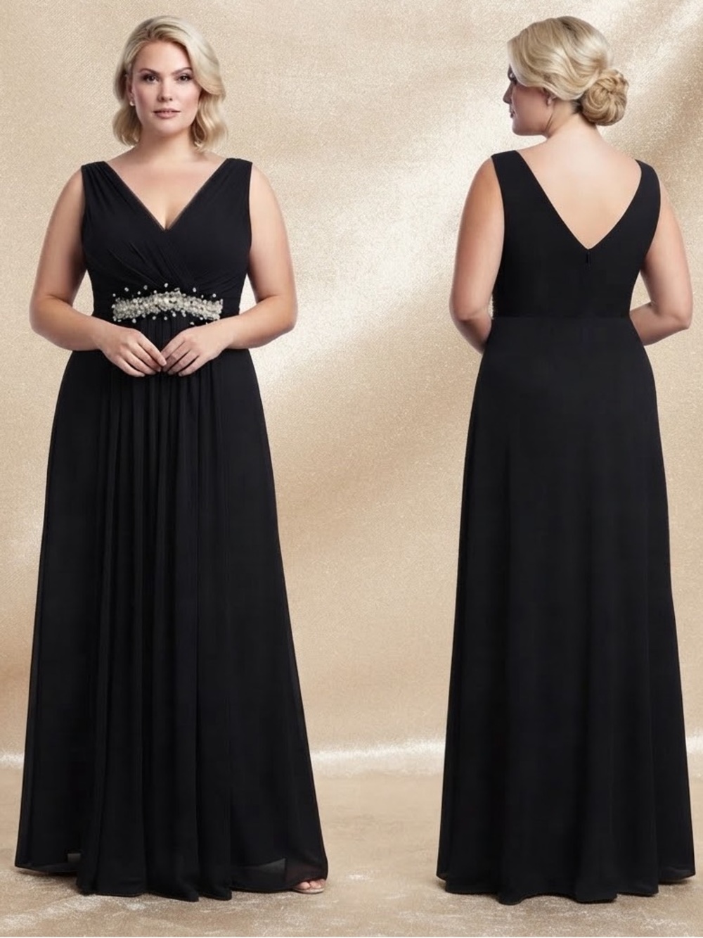NWT Plus‎ Size Formal A-line Long Formal Dress V-Neck Beaded Stretched in Black